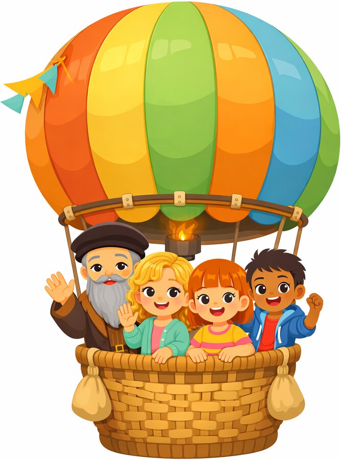 A Turminha viajando em um balão colorido